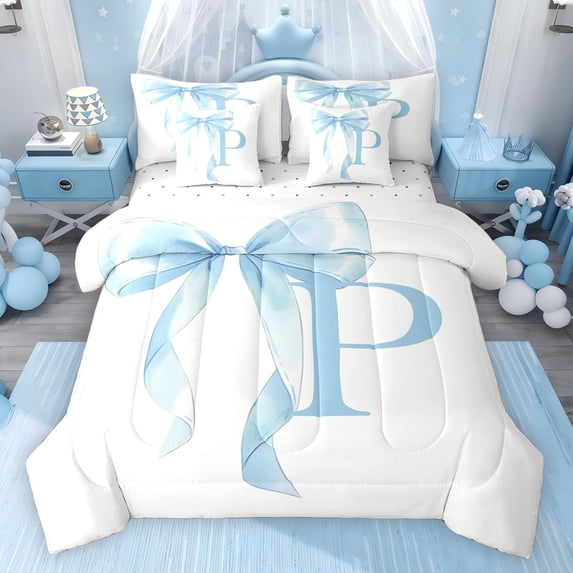 Erosebridal Blue Bowknot Bedding Comforter Set for Girls, Monogrammed P Full Bedding Set, Reversible 7 Pieces