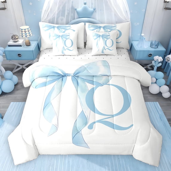 Erosebridal Blue Bowknot Bedding Comforter Set for Girls, Monogrammed Q Full Bedding Set, Reversible 7-Piece