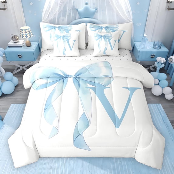Erosebridal Blue Bowknot Bedding Comforter Set for Girls, Monogrammed V Queen Bedding Sets, Reversible 7 Pieces