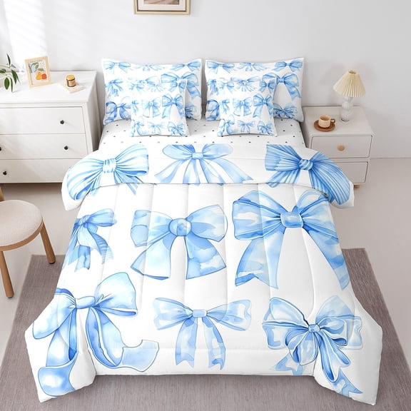 Erosebridal Blue Bowknot Bedding Sets, Cartoon Ribbon Comforter Sets with Sheets, Princess Style Reversible Bed Sheets Set, Lightweight Bedroom Decor, 7pcs