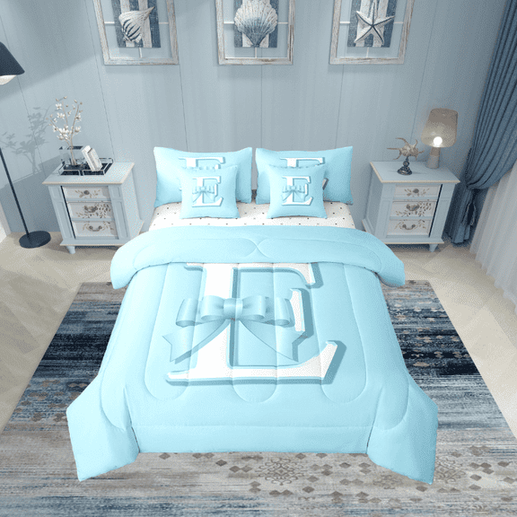 Erosebridal Blue Bowknot Bedding Sets Twin Size, Initial Letter E Comforter Sets with Sheets, Cartoon Monogrammed Reversible Bed Set, Breathable Bedroom Decorative, 7pcs