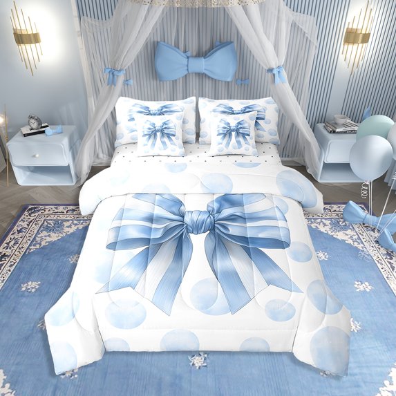Erosebridal Blue Bowknot Bedding Sets Twin Size, Cute Ribbon Bow Comforter Sets with Sheets, Cartoon Theme Decor, 7pcs