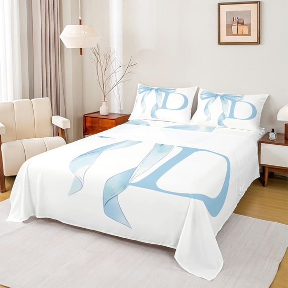 Erosebridal Blue Bowknot Full Size Sheets for Girls, Monogrammed D Bed Sheets, 4pcs, 1 Flat Sheet, 1 Fitted Sheet and 2 Pillowcases