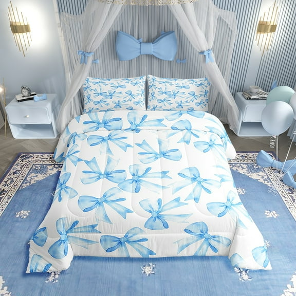 Erosebridal Blue Bowknot Comforter Set Twin Size,Bow Tie Tale Princess Castle Bedding Set,Women Room Decor,Watercolor Blue Bow Down Comforter,Aesthetics Unique Duvet Insert,1 Pillow