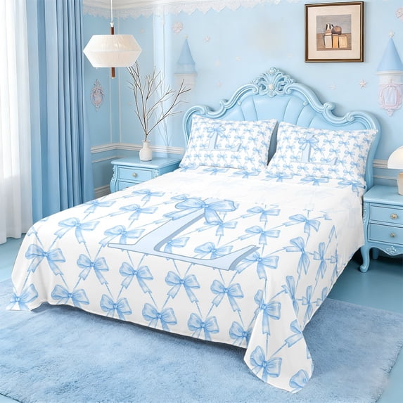 Erosebridal Blue Bowknot Print Full Size Sheets For Kids,Letter L Initial Themed Bed Sheets 4 Pieces