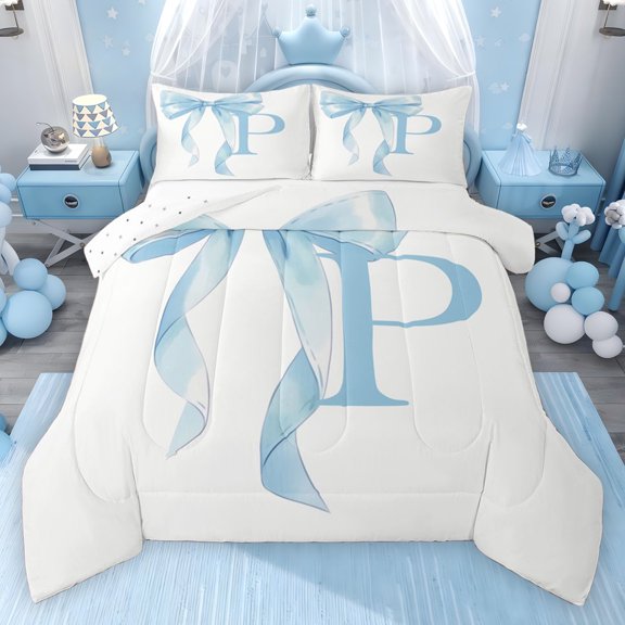 Erosebridal Blue Bowknot Queen Comforter Set for Girls, Monogrammed P Bedding Comforter Set, Reversible 3 Pieces, 1 Comforter and 2 Pillowcases