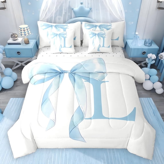 Erosebridal Blue Bowknot Twin Bedding Sets for Girls, Monogrammed L Bedding Comforter Set, Reversible 7pcs