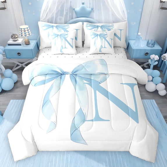 Erosebridal Blue Bowknot Twin Bedding Sets for Girls, Monogrammed N Bedding Comforter Set, Reversible 7-Piece