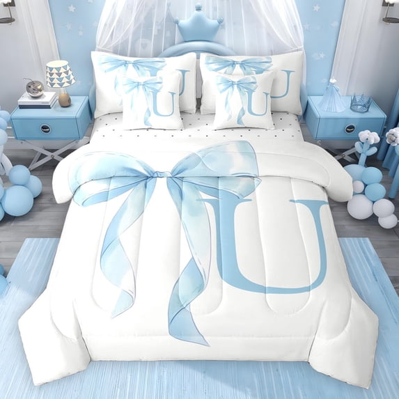 Erosebridal Blue Bowknot Twin Bedding Sets for Girls, Monogrammed U Bedding Comforter Set, Reversible 7pcs