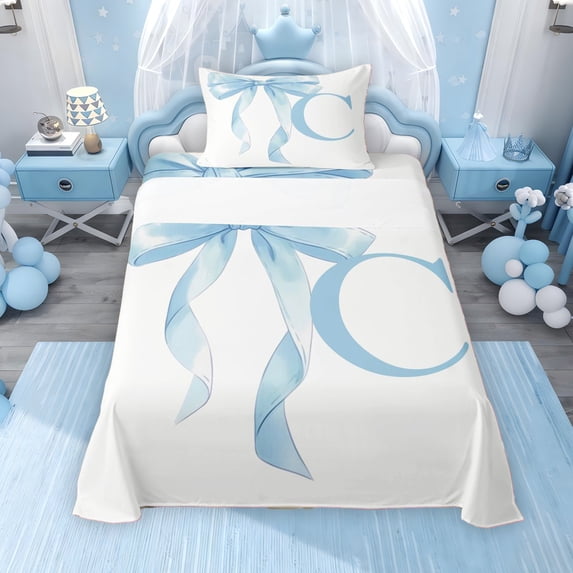 Erosebridal Blue Bowknot Twin Sheet Sets for Girls, Monogrammed C Bedding, 3pcs, 1 Flat Sheet, 1 Fitted Sheet and 1 Pillowcase