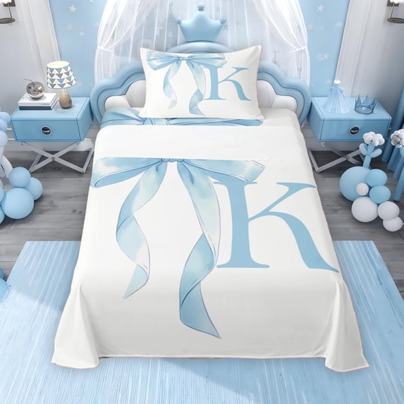 Erosebridal Blue Bowknot Twin Sheet Sets for Girls, Monogrammed K Bedding, 3pcs, 1 Flat Sheet, 1 Fitted Sheet and 1 Pillowcase