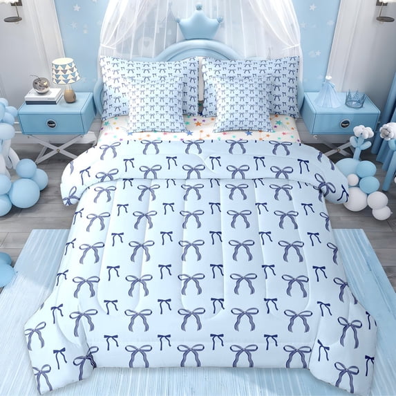 Erosebridal Blue Bows 7 Pieces Bedding Comforter Set For Bowknot Girl,Cartoon Kawaii Bowtie Full Bedding Set,Dreamy Princess Style,Reversible