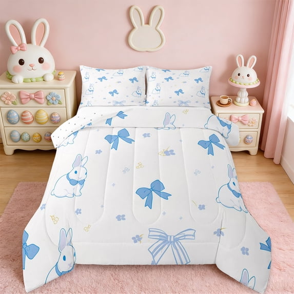Erosebridal Blue Bows Bowknot Queen Comforter Set For Girls,Kawaii Bunny Rabbit Cute Animals Kids Bedding Comforter Set Reversible 3 Pieces