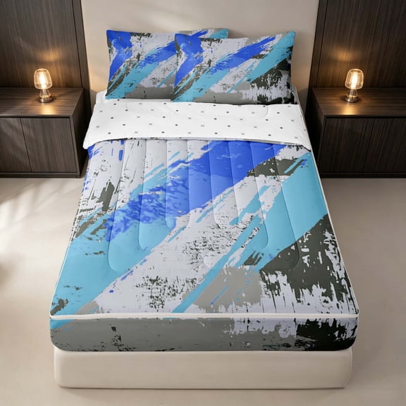 Erosebridal Blue Brush Strokes Zipper Twin Comforter Sets with Fitted Sheet and 2 Pillowcases, Grunge Watercolor Zipper Bedding Set, Reversible