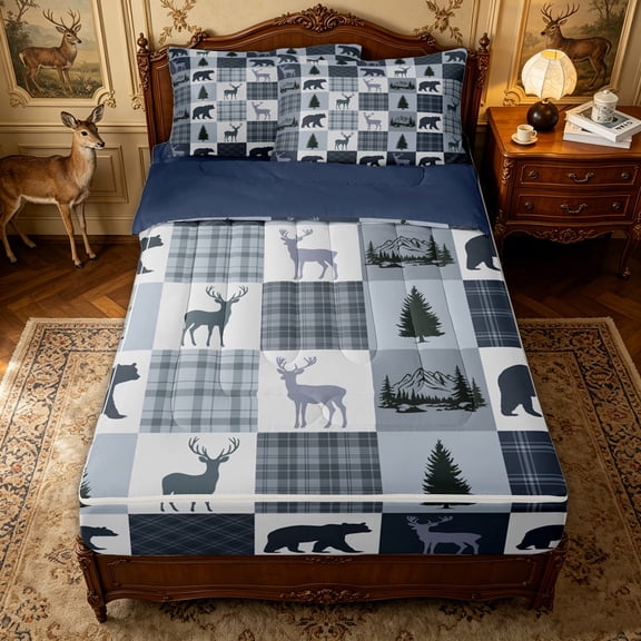Erosebridal Blue Buffalo Check Forest Animal Zipper Twin Comforter Sets with Fitted Sheet and 2 Pillowcases for Women Men, Mountain Scene Zipper Bedding Set, Navy Reversible, 4pcs