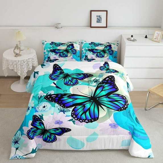 Erosebridal Blue Butterfly Bedding Teens Romantic Style Comforter Set Colorful Gradient Duvet Set Cute Animal Butterfly Print Quilts Botanical Flowers Decor Bedding Queen Size 3 Pcs