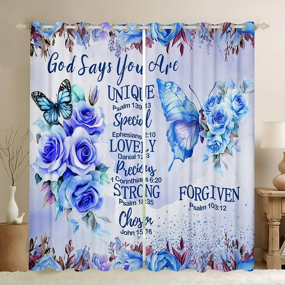 Erosebridal Blue Butterfly Curtains for Living Room (42x84), Inspirational Quotes 30%-50% Blackout Curtains Set of 2, Rose Floral Decor