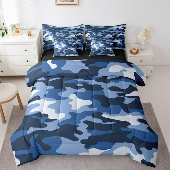 Erosebridal Blue Camo Bed in a Bag Queen Size,Army Camouflage Bed Set,Coloful Aesthetic Art Bedding Queen Size For Men Women,Breathable Bedroom Decor Reversible,7pcs