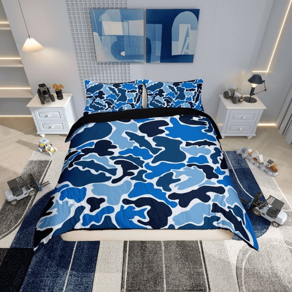 Erosebridal Blue Camo Duvet Cover Twin, Contemporary Camouflage Bedding Sets Twin Size, Abstract Art Room Decor, Reversible 2-Piece (No Comforter)