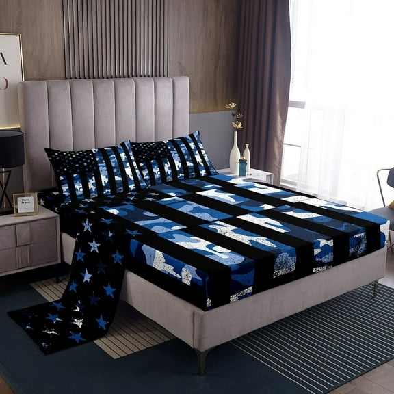 Erosebridal Blue Camo Sheet Set Twin, Vintage US Flag Bedding Sets Twin Size, Army Camouflage Decor 3pcs