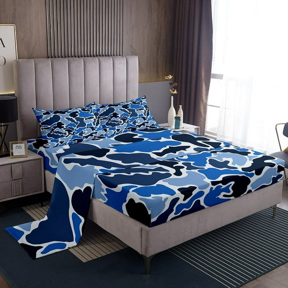Erosebridal Blue Camo Twin Sheet Sets, Contemporary Camouflage Bedding Twin Size, Abstract Art Room Decor 3-Piece