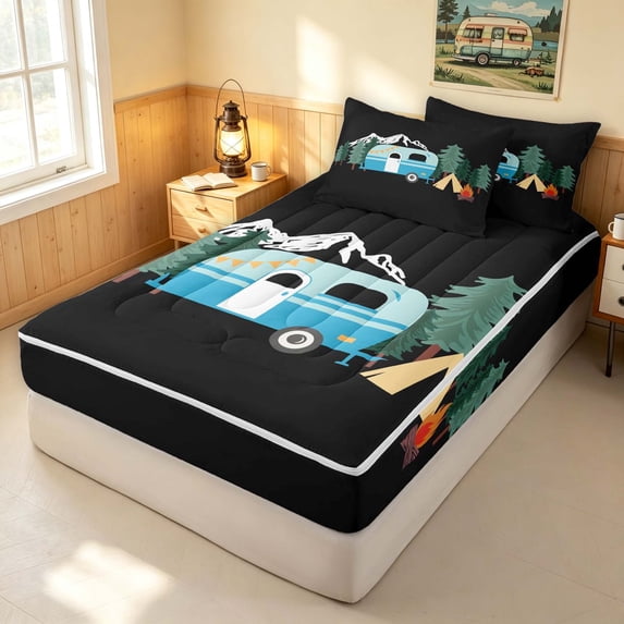 Erosebridal Blue Camper Zipper Full Size Comforter Sets with Fitted Sheet and 2 Pillowcases for Boys Girls, Happy Camping Zipper Bedding Set, Reversible