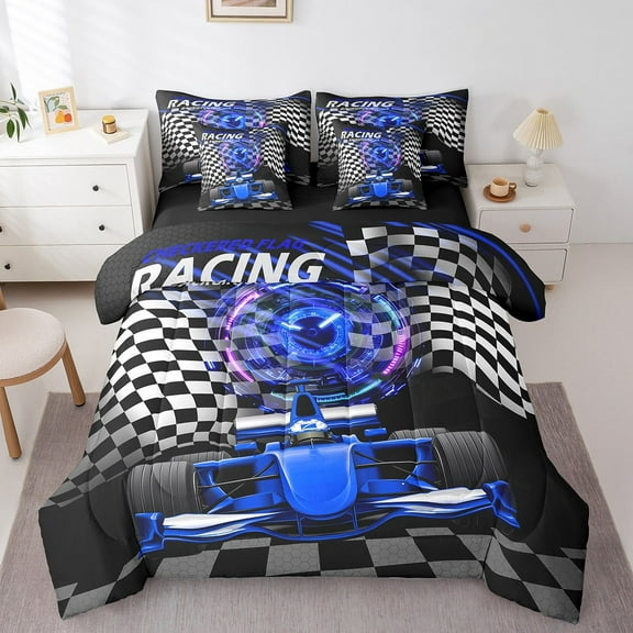 Erosebridal Blue Car Bedding Sets Twin Size,Extreme Sport Comforter Sets with Sheets,Geometric Buffalo Bed in a Bag Twin size,Breathable Automobile Room Decor,Reversible,7pcs