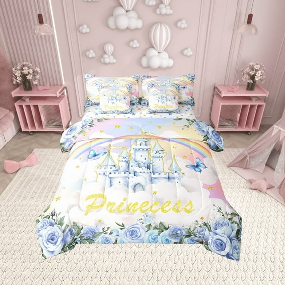 Erosebridal Blue Castle Print Bedding Sets Twin Size, Kawaii Princess Comforter Sets with Sheets, Romantic Rose Floral Reversible Bed Set, Lightweight Room Decorative, 7pcs
