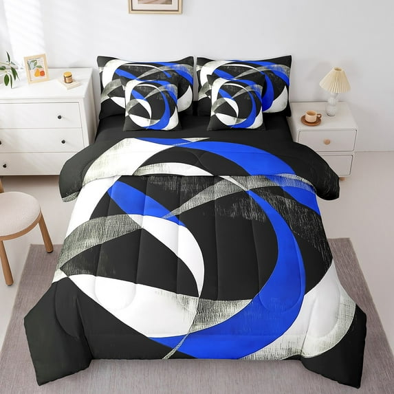 Erosebridal Blue Circle Bedding Queen Size,Geometric Stripes Comforter Sets with Sheets,Round Lines Bedding Sets Queen Size,Ultra Soft Abstract Bedroom Decorative,Reversible,7 Pieces