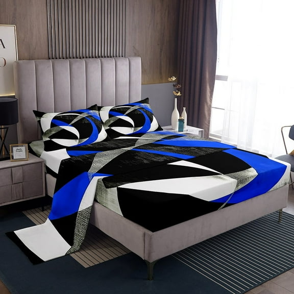 Erosebridal Blue Circle Sheet Set Twin,Geometric Stripes Bedding Sets Twin Size,Round Lines Twin Sheet Sets,Ultra Soft Abstract Bedroom Decorative,3pcs