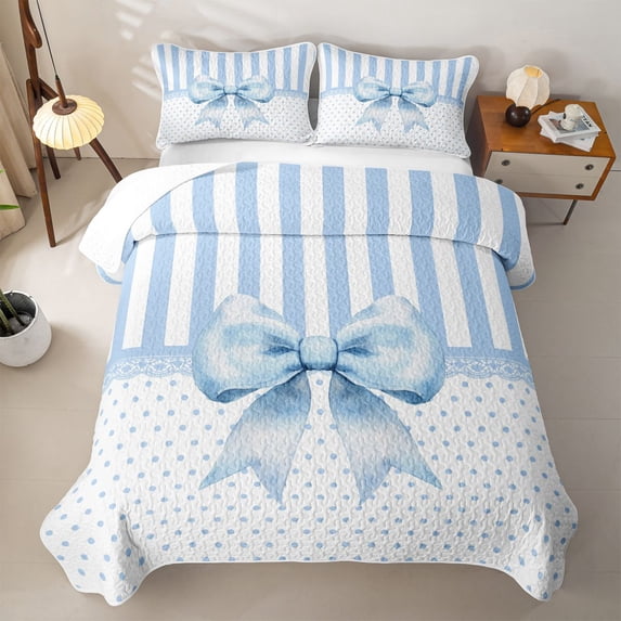 Erosebridal Blue Coquette Bowknot Kids Twin Quilt Set,Geometric Striped Polka Dots Twin Coverlet Set For Girl,2 Pieces