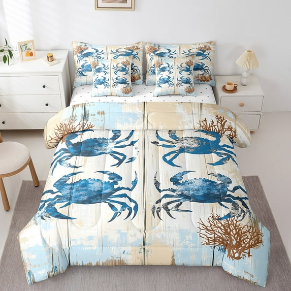 Erosebridal Blue Crab Bedding Sets King Size, Old Barn Door Comforter Sets with Sheets, Retro Ocean Room Decor, 7pcs