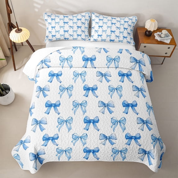 Erosebridal Blue Cute Bow Quilt Full For Girls,Blue Dreamy Princess Bowknot Full Bedspread Sets For Kids,3pcs