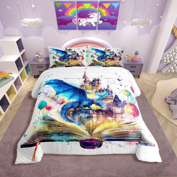 Erosebridal Blue Cute Dragon Bedding Twin Comforter Set, Princess Castle Down Comforter, Dreamy Reading Decor, Microfiber 2pcs