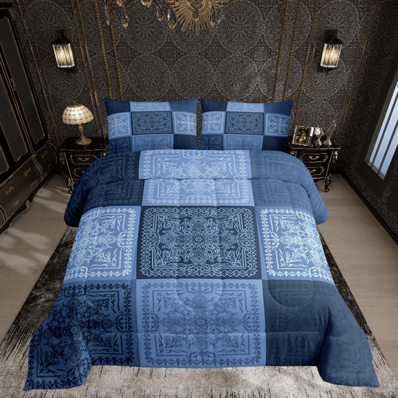 Erosebridal Blue Damask Bedding Sets King with Comforter, Mystic Mandala Duvet Insert, Boho Flower Decor, Lightweight 3pcs