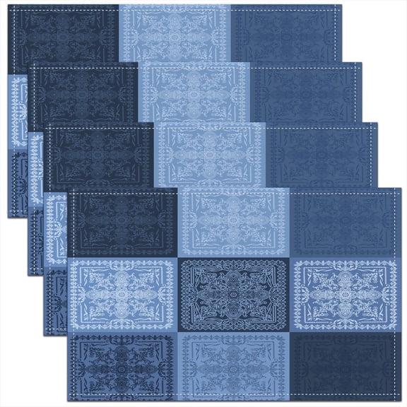 Erosebridal Blue Damask Place Mats Set of 4 for in Door Dinning, Mystic Mandala Table Place Mats for in Door Dining, Boho Flower Decor