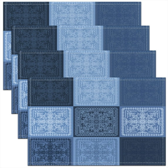 Erosebridal Blue Damask Place Mats Set of 4 for in Door Dinning, Mystic Mandala Table Place Mats for in Door Dining, Boho Flower Decor