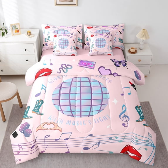 Erosebridal Blue Disco Ball Bedding Sets King Size,Musical Notes Bed in a Bag King size,Music Theme Bedding King Size,Microfiber Old Fashion Room Decor,Reversible,7-Piece