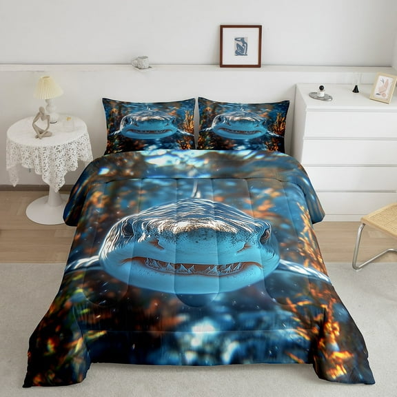 Erosebridal Kawaii Shark Bedding Sets Queen with Comforter, Funny Sealife Duvet Insert, Ocean Animals Decor, Reversible 3 Pieces