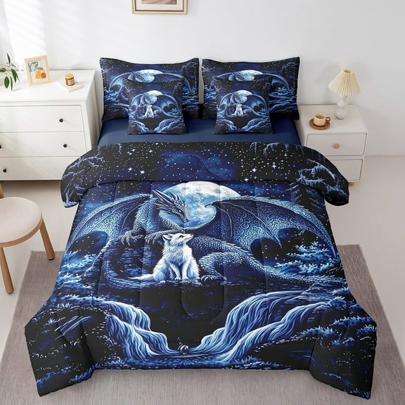 Erosebridal Blue Dragon Bedding Twin Size, Kawaii Fox Bedding Sets Twin Size, Jungle Galaxy Reversible Bed Set, Super Cozy Bedroom Decorative, 7pcs