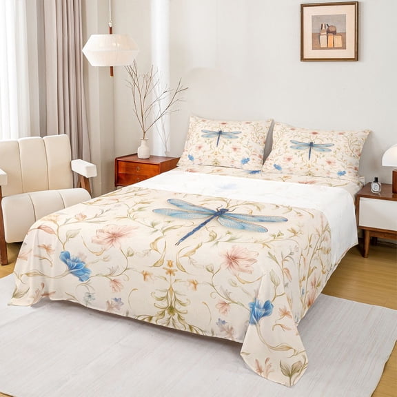 Erosebridal Blue Dragonfly Bed Sheets,Vintage Floral King Sheets For Girls Women 4 Pieces