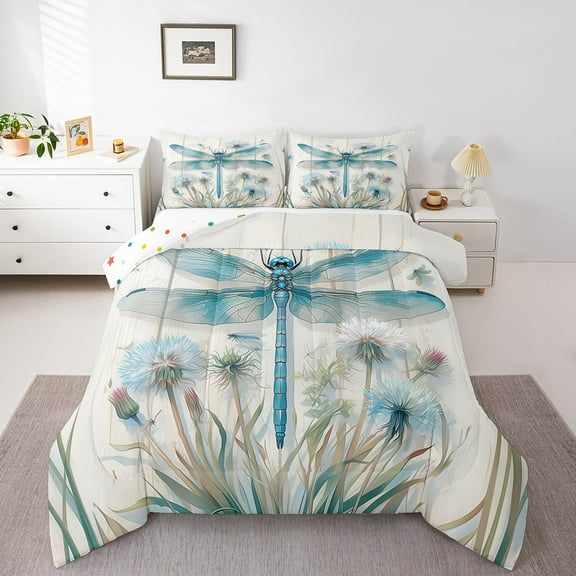 Erosebridal Blue Dragonfly Comforter Sets Queen Size,Flower Dandelion Bedding Queen Comforter Set,Animal Decor,Reversible,Breathable,3-Piece