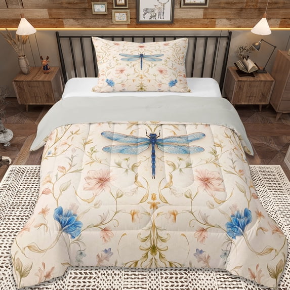 Erosebridal Blue Dragonfly Twin Comforter Sets,Vintage Floral Bedding Set For Girls Women, Reversible 2 Pieces