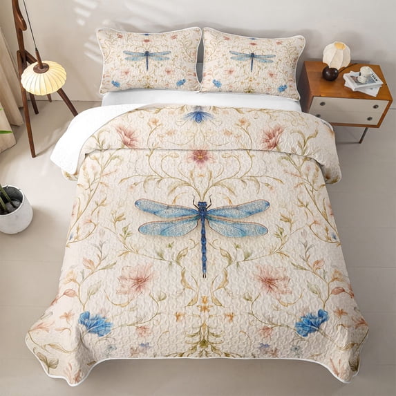 Erosebridal Blue Dragonfly Twin Quilt Set,Vintage Floral Twin Coverlet Set For Girls Women,2 Pieces