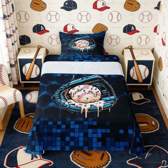 Erosebridal Blue Drip Sprinkle Baseball Twin Sheet Sets, Sport Bedding for Boys and Girls, 3pcs, 1 Flat Sheet, 1 Fitted Sheet and 1 Pillowcase