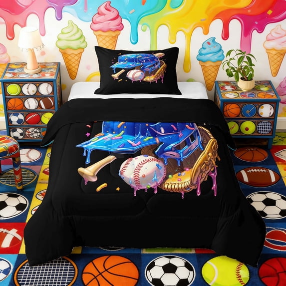 Erosebridal Blue Drippy Baseball Helmet Print Twin Comforter Sets, Fun Sports Bedding Set for Kids Boys and Girls, Black Reversible 2pcs, 1 Comforter and 1 Pillowcase
