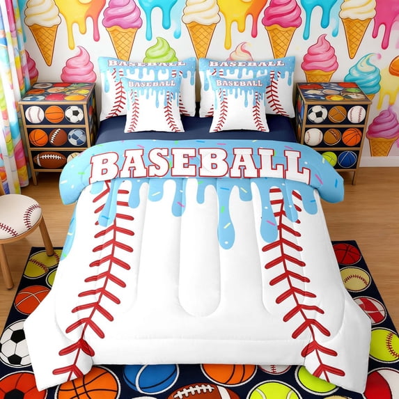 Erosebridal Blue Drippy Baseball Print Bedding Comforter Set, Sports Monogram Full Bedding Set for Kids Boys and Girls, Navy Reversible 7pcs