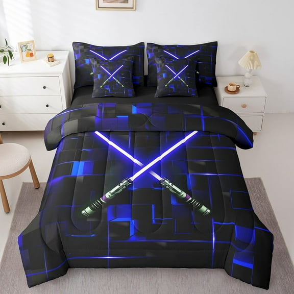 Erosebridal Blue Electric Games Bed in a Bag Twin Size,Neon Light Bed Set,Glowing Ombre Checkered Bedding Twin Size For Teens,Ultra Soft Bedroom Decoration Reversible,7 Pieces