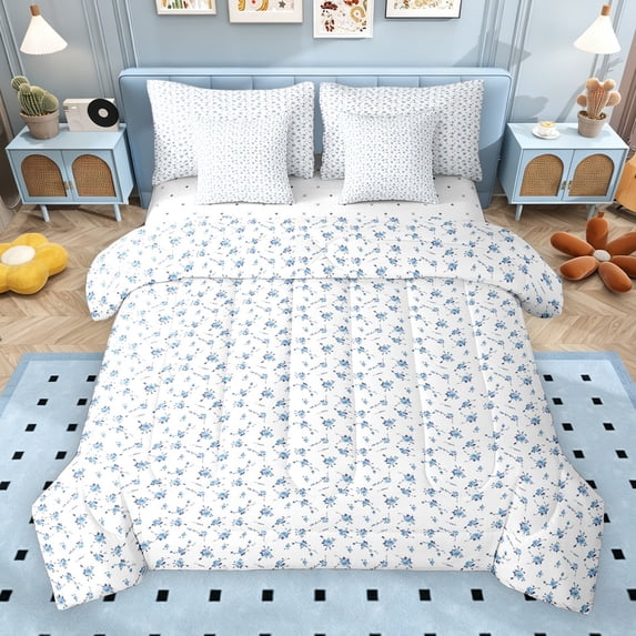 Erosebridal Blue Floral Bedding Comforter Set for Girls, Chic Flower King Bedding Sets, Reversible, 7 Pieces