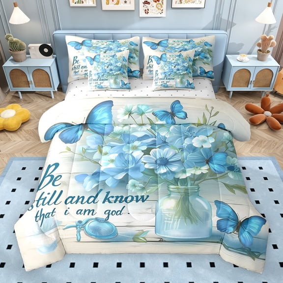 Erosebridal Blue Floral Butterfly Bedding Comforter Set for Girls, Inspiring Words Queen Bedding Sets, Reversible, 7pcs